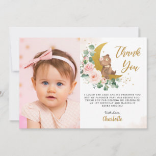Blush Floral Bear Crescent Moon Birthday Photo Thank You Card