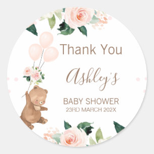Blush Floral Bear We Can Bearly Wait Baby Shower  Classic Round Sticker