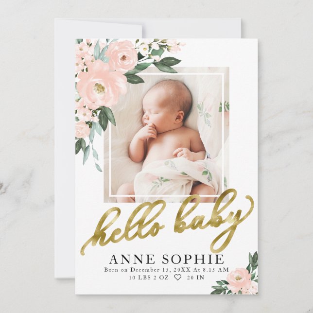 Blush Floral Birth Announcement & Thank You Card (Front)