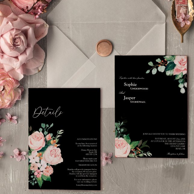 Blush Floral Black Details All In One Wedding Invitation (Creator Uploaded)