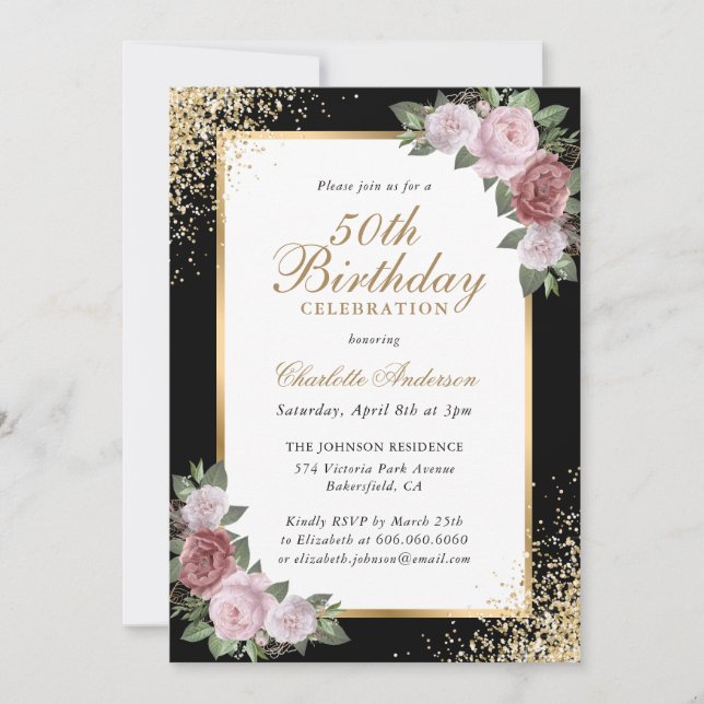Blush Floral Black Gold Confetti 50th Birthday Invitation (Front)