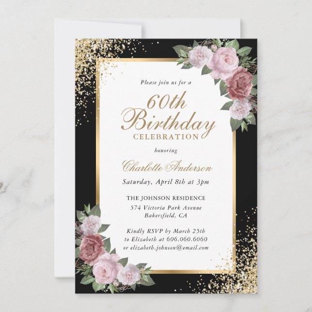 Blush Floral Black Gold Confetti 60th Birthday Invitation (Front)
