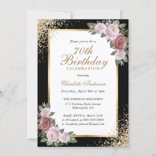 Blush Floral Black Gold Confetti 70th Birthday Invitation