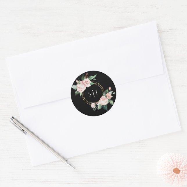 Blush Floral Black Monogram Wedding Sticker (Envelope)