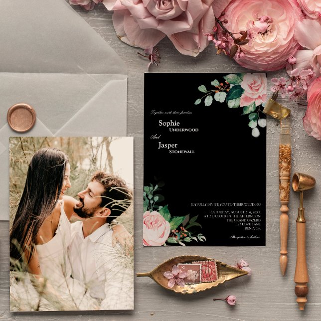 Blush Floral Black Photo Wedding Invitation (Creator Uploaded)