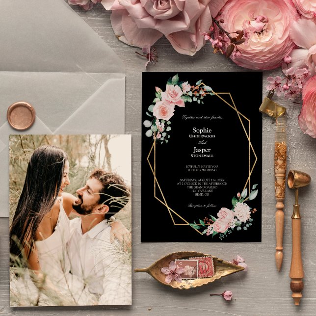 Blush Floral Black Simple Photo Wedding Invitation (Creator Uploaded)
