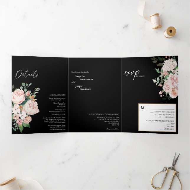 Blush Floral Black Tri-Fold Wedding Invitation (Inside)