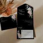 Blush Floral Black Wedding All In One Invitation<br><div class="desc">This blush floral black wedding all in one invitation design features beautiful chic neutral backgrounds of black or white with simple modern typography and elegant calligraphy to set a sophisticated tone for any style of event. Each product is embellished with gorgeous blush pink roses and peach and ivory hydrangeas arranged...</div>