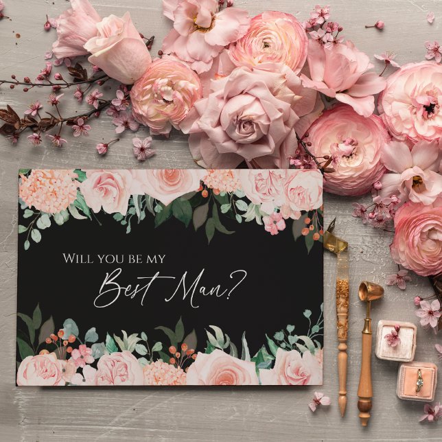 Blush Floral Black Wedding Best Man Proposal Card (Creator Uploaded)