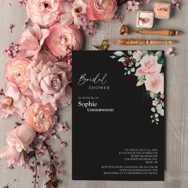 Blush Floral Black Wedding Bridal Shower Invitation (Creator Uploaded)