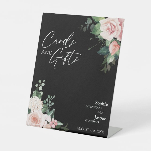 Blush Floral Black Wedding Cards and Gifts Sign (Front)