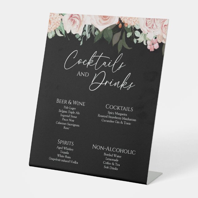 Blush Floral Black Wedding Drinks Bar Sign (Front)