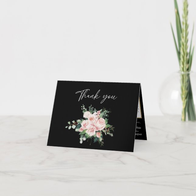 Blush Floral Black Wedding Folded Thank You Card (Front)