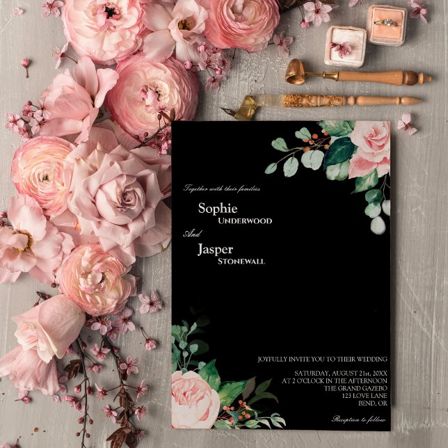 Blush Floral Black Wedding Invitation (Creator Uploaded)