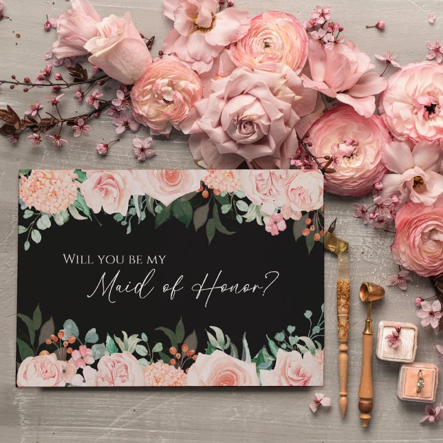 Blush Floral Black Wedding Maid Of Honour Proposal Invitation (Creator Uploaded)