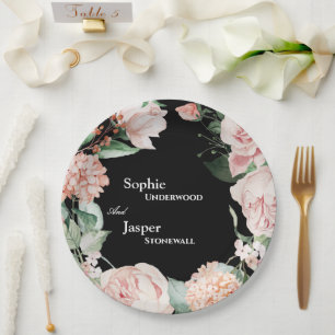 Blush Floral Black Wedding Paper Plate