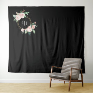Blush Floral Black Wedding Photo Backdrop Tapestry