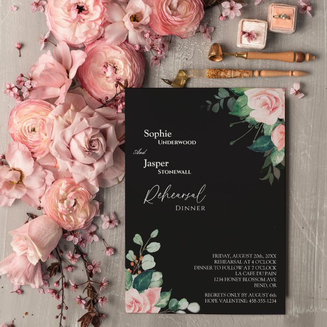 Blush Floral Black Wedding Rehearsal Dinner Invitation (Creator Uploaded)