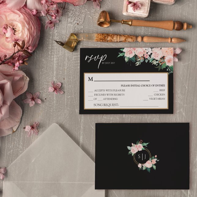 Blush Floral Black Wedding Song Request RSVP Card (Creator Uploaded)