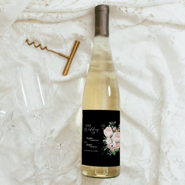 Blush Floral Black Wedding Wine Label (Creator Uploaded)