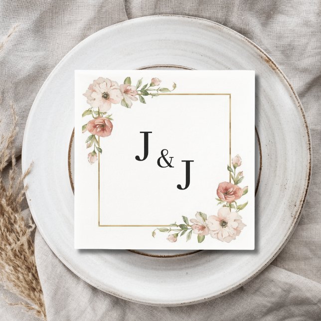 Blush Floral Blooming Frame Initials Wedding Napkin (Creator Uploaded)