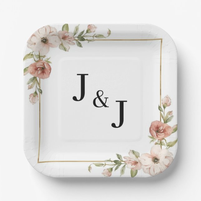Blush Floral Blooming Frame Initials Wedding Paper Plate (Front)