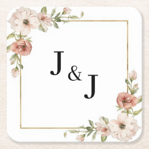Blush Floral Blooming Frame Initials Wedding Square Paper Coaster
