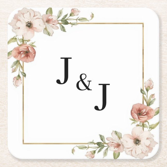 Blush Floral Blooming Frame Initials Wedding Square Paper Coaster (Front)