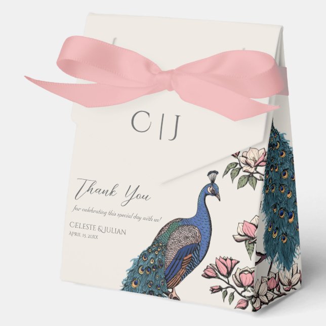 Blush Floral Blue Teal Peacocks & Magnolia Flowers Favour Box (Front)