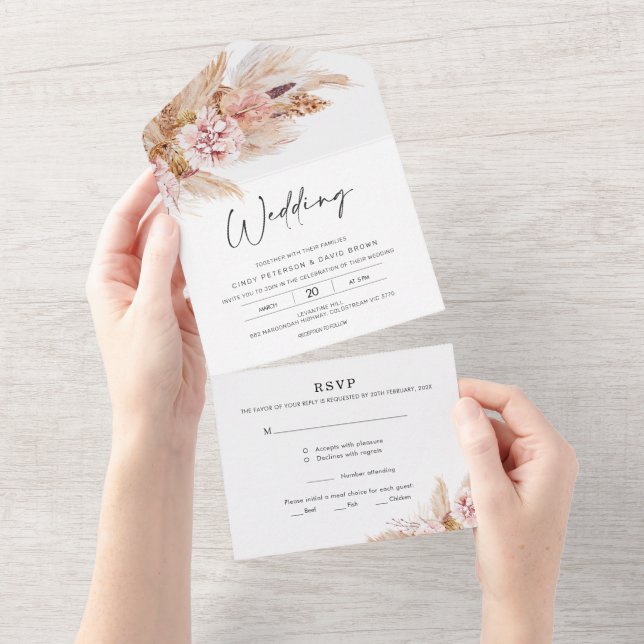 Blush Floral Boho All in One Wedding Invite (Tearaway)