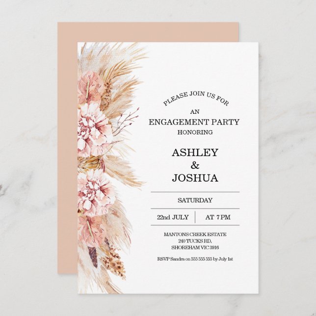 Blush Floral Boho Pampas Grass Engagement Invitation (Front/Back)