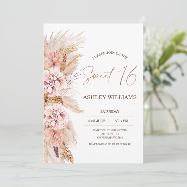 Blush Floral Boho Pampas Grass Sweet 16 Birthday  Invitation (Standing Front)