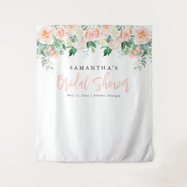 Blush Floral Bridal Shower Backdrop Tapestry (Front)