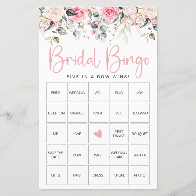 Blush Floral | Bridal Shower Bingo Game Card (Front)