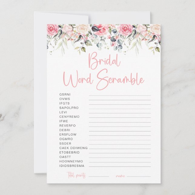 Blush Floral Bridal Shower Word Scramble Game Card (Front)