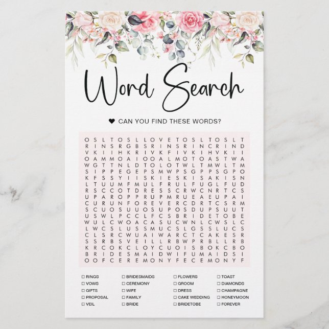 Blush Floral | Bridal Word Search Game Card (Front)
