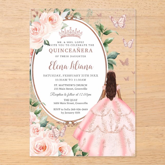 Blush Floral Brown Princess Rose Gold Quinceañera  Acrylic Invitations (Front)