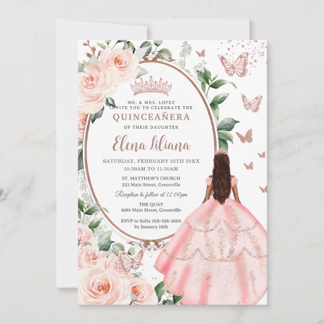Blush Floral Brown Princess Rose Gold Quinceañera  Invitation (Front)