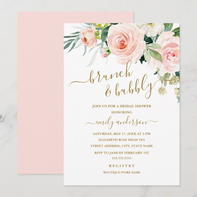 Blush Floral Brunch And Bubbly Bridal Shower Invitation (Front/Back)
