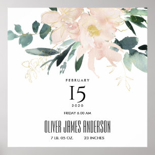 BLUSH FLORAL BUNCH WATERCOLOR BABY BIRTH STATS POSTER