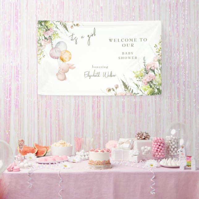 Blush Floral Bunny It's a Girl Shower Welcome Sign (Party)