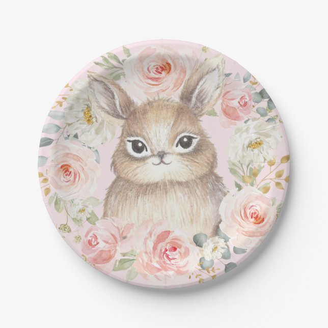 Blush Floral Bunny Rabbit Baby Shower Birthday Paper Plate (Front)