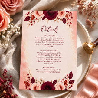 Blush Floral Burgundy Elegance Wedding Details Enclosure Card