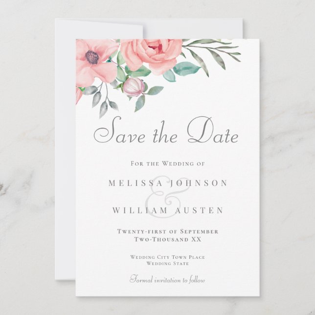 Blush Floral Burgundy Watercolor Wedding Save The Date (Front)