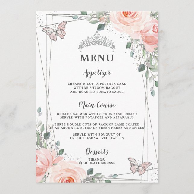 Blush Floral Butterflies Quinceañera Sweet 16 Menu (Front)