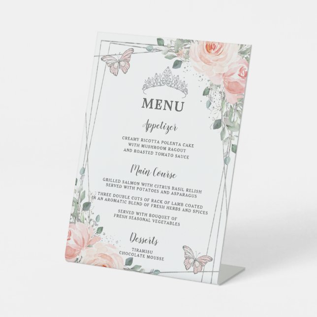 Blush Floral Butterflies Quinceañera Sweet 16 Menu Pedestal Sign (Front)
