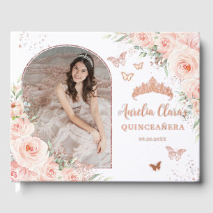 Blush Floral Butterflies Rose Gold Quince XV Photo Guest Book