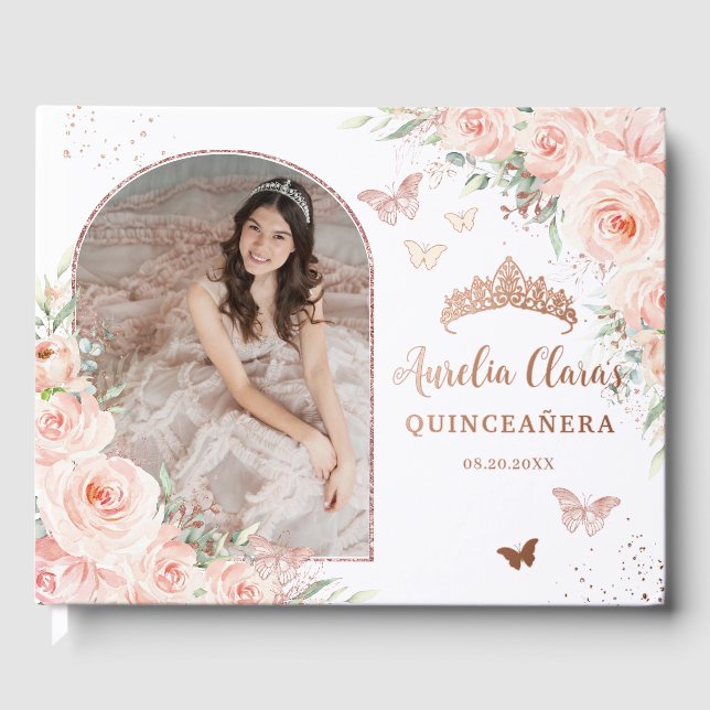 Blush Floral Butterflies Rose Gold Quince XV Photo Guest Book (Front)