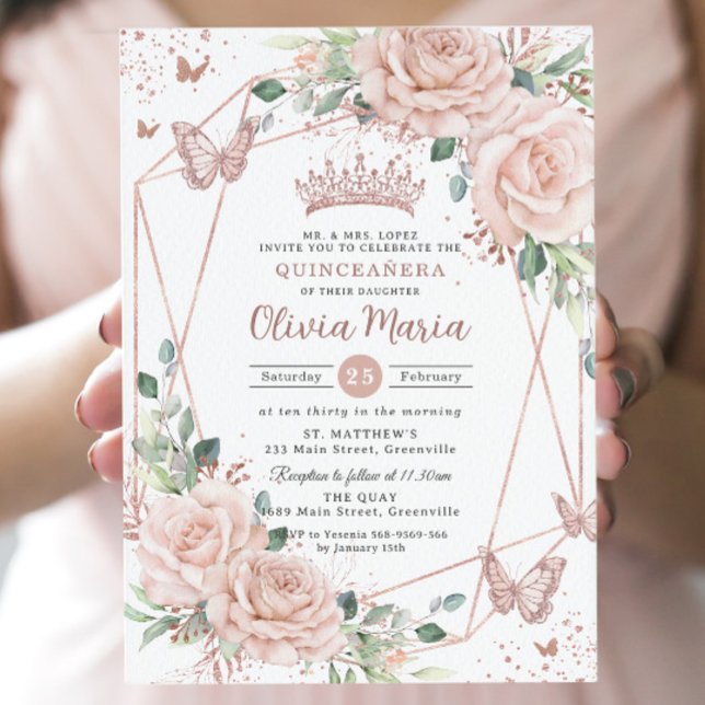 Blush Floral Butterflies Rose Gold Quinceañera  Invitation (Creator Uploaded)