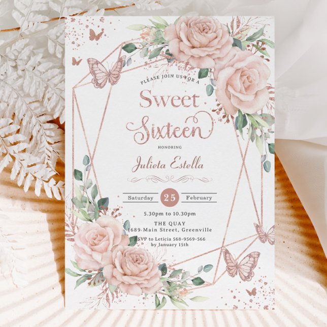 Blush Floral Butterflies Rose Gold Sweet Sixteen Invitation (Creator Uploaded)